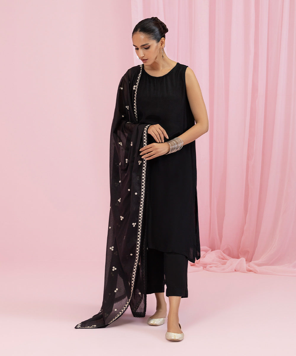 Fine Voile Black Embroidered Dupatta