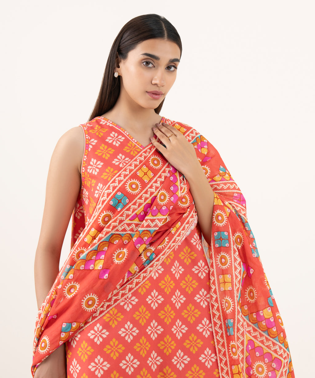 Women's Unstitched Cotton Printed Orange 2 Piece Suit
