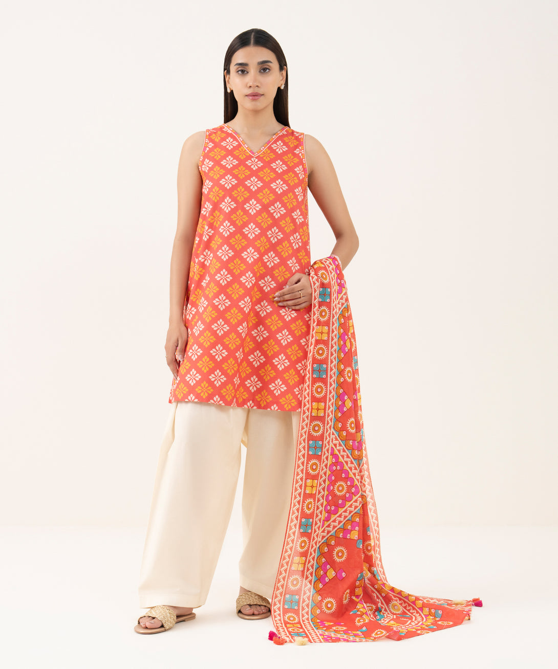 Women's Unstitched Cotton Printed Orange 2 Piece Suit