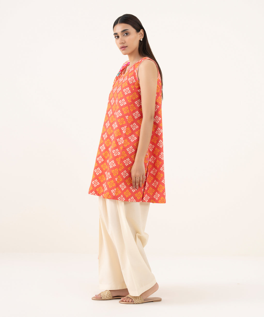 Women's Unstitched Cotton Printed Orange 2 Piece Suit