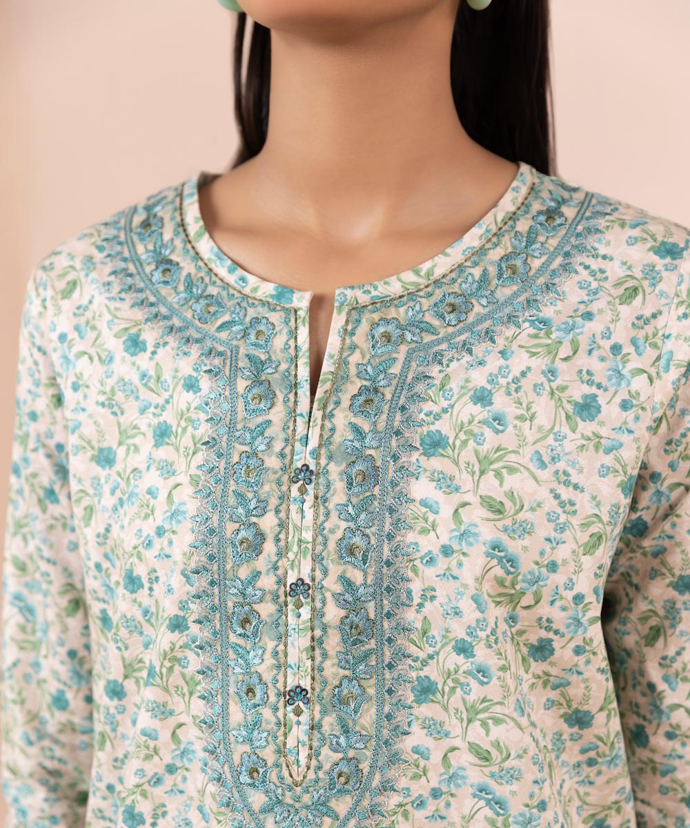 Women's Unstitched Lawn Embroidered Blue 2 Piece Suit