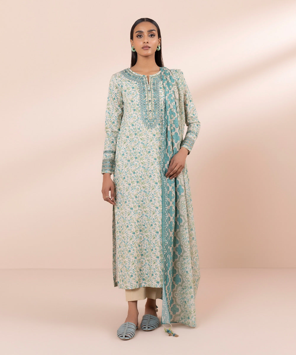 Women's Unstitched Lawn Embroidered Blue 2 Piece Suit