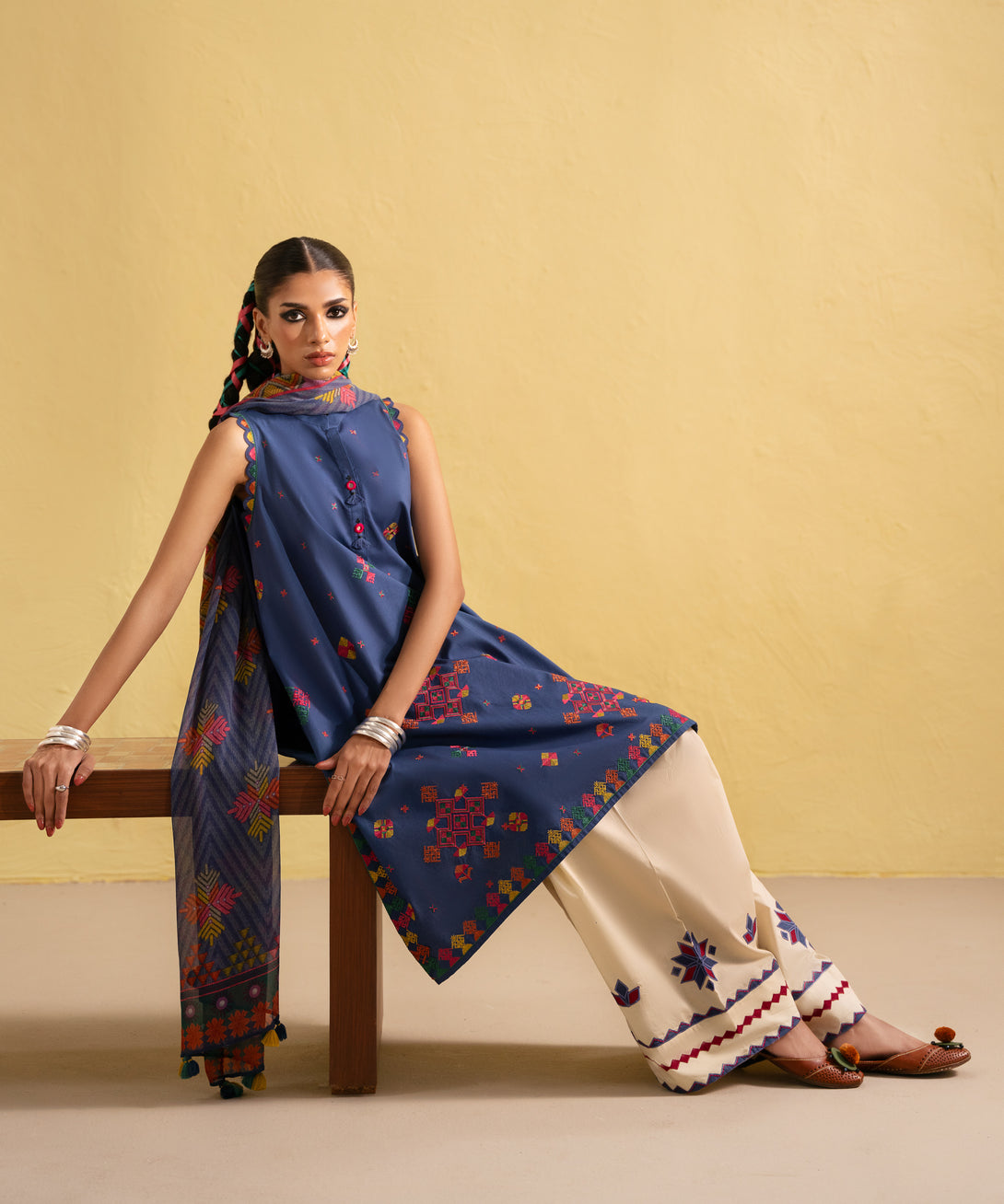 Women's Unstitched Lawn Embroidered Blue Two Piece Suit