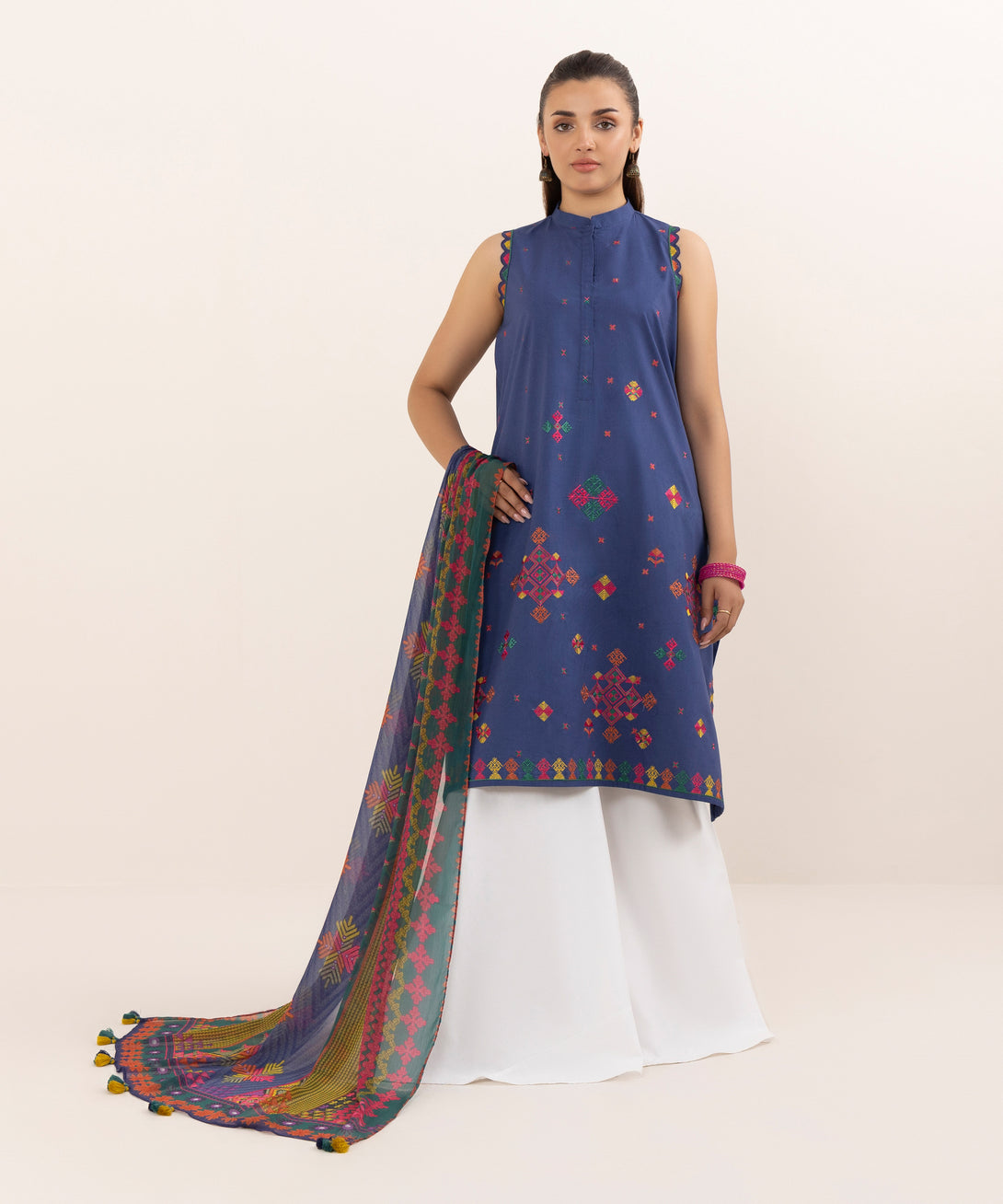 Women's Unstitched Lawn Embroidered Blue Two Piece Suit