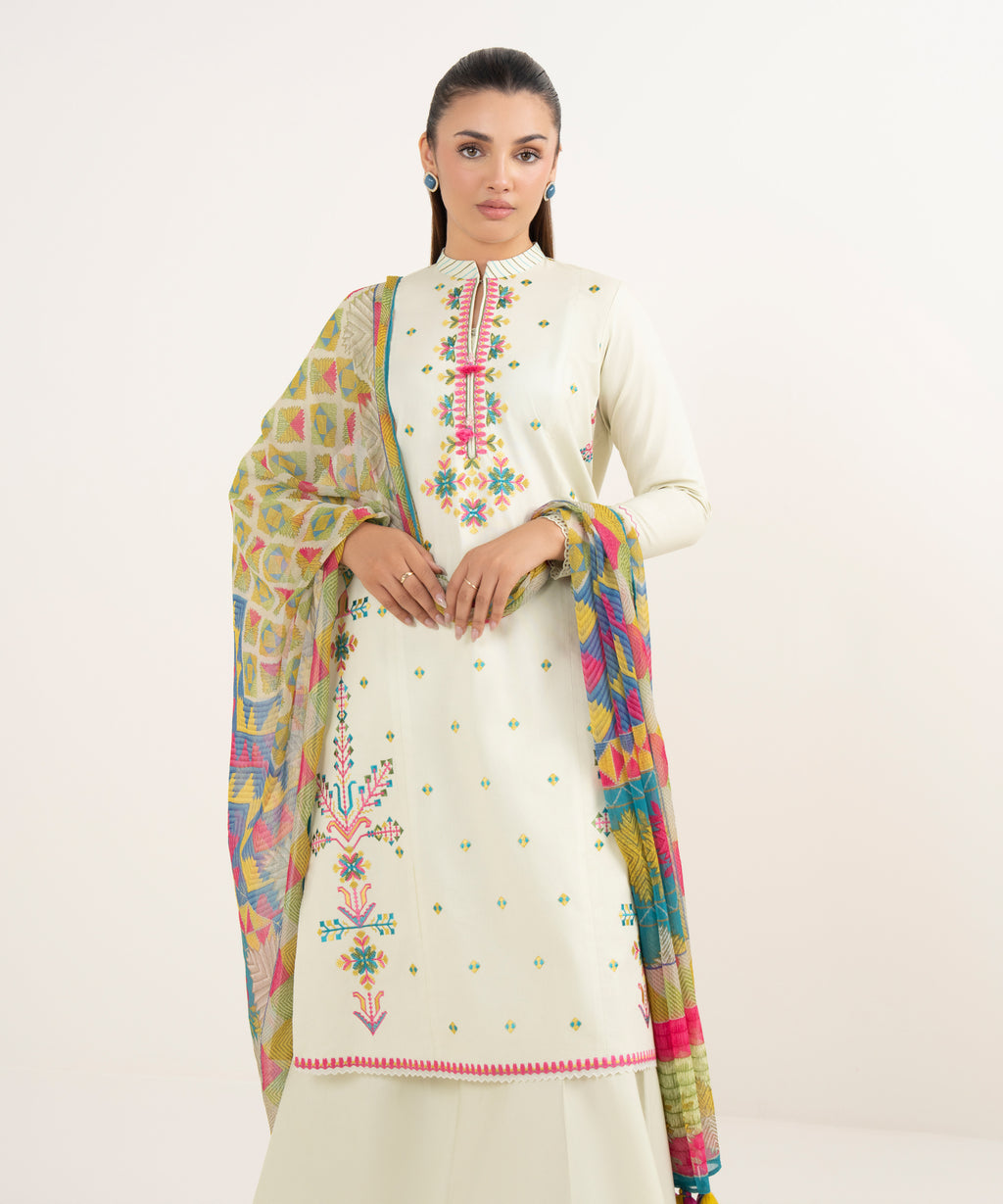 Women's Unstitched Cotton Embroidered Off White Two Piece Suit