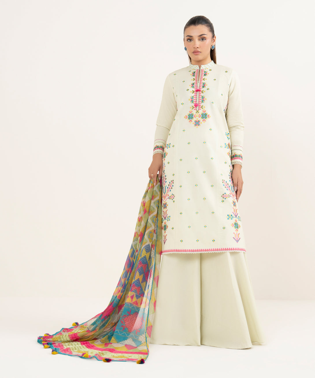 Women's Unstitched Cotton Embroidered Off White Two Piece Suit