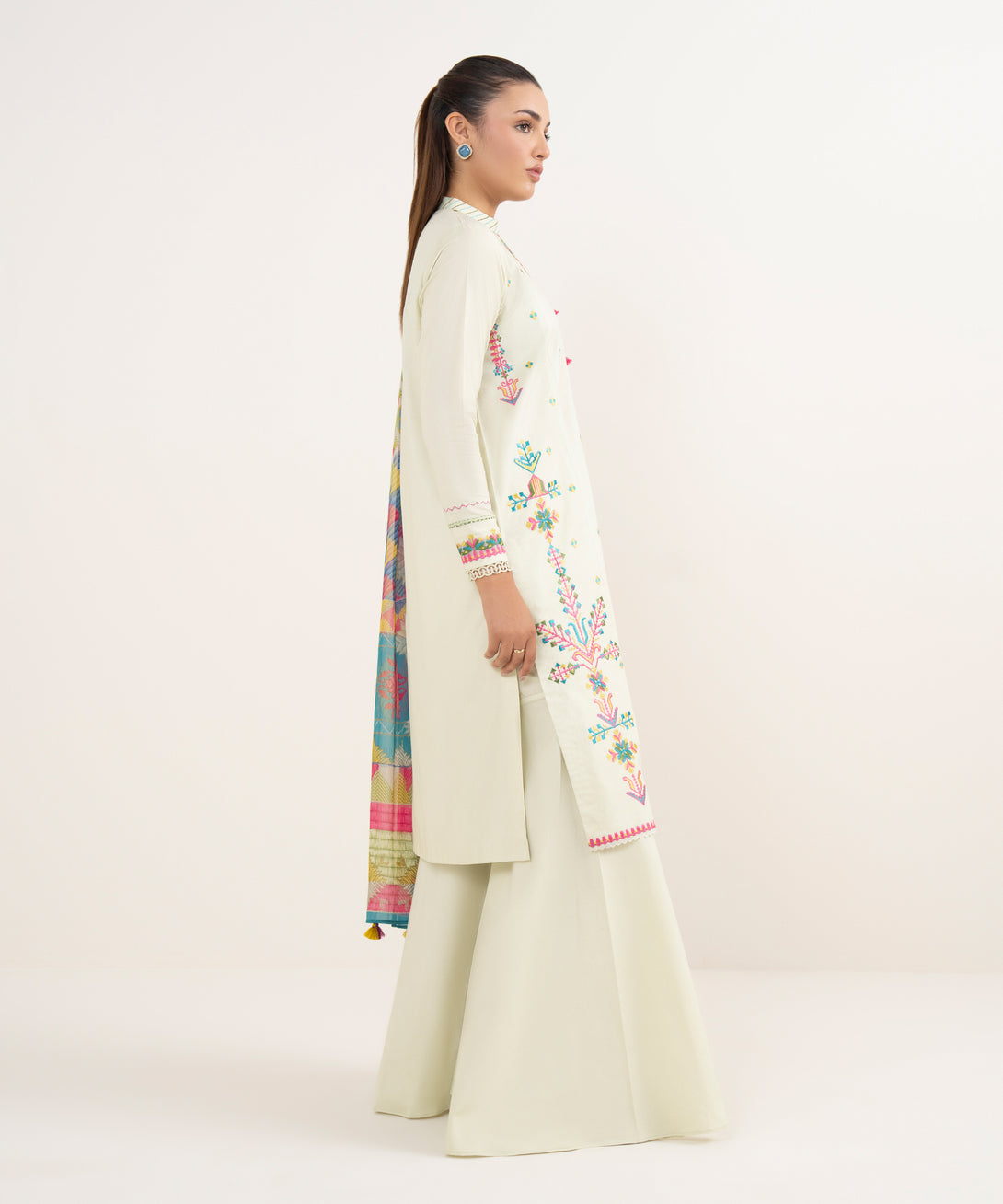 Women's Unstitched Cotton Embroidered Off White Two Piece Suit
