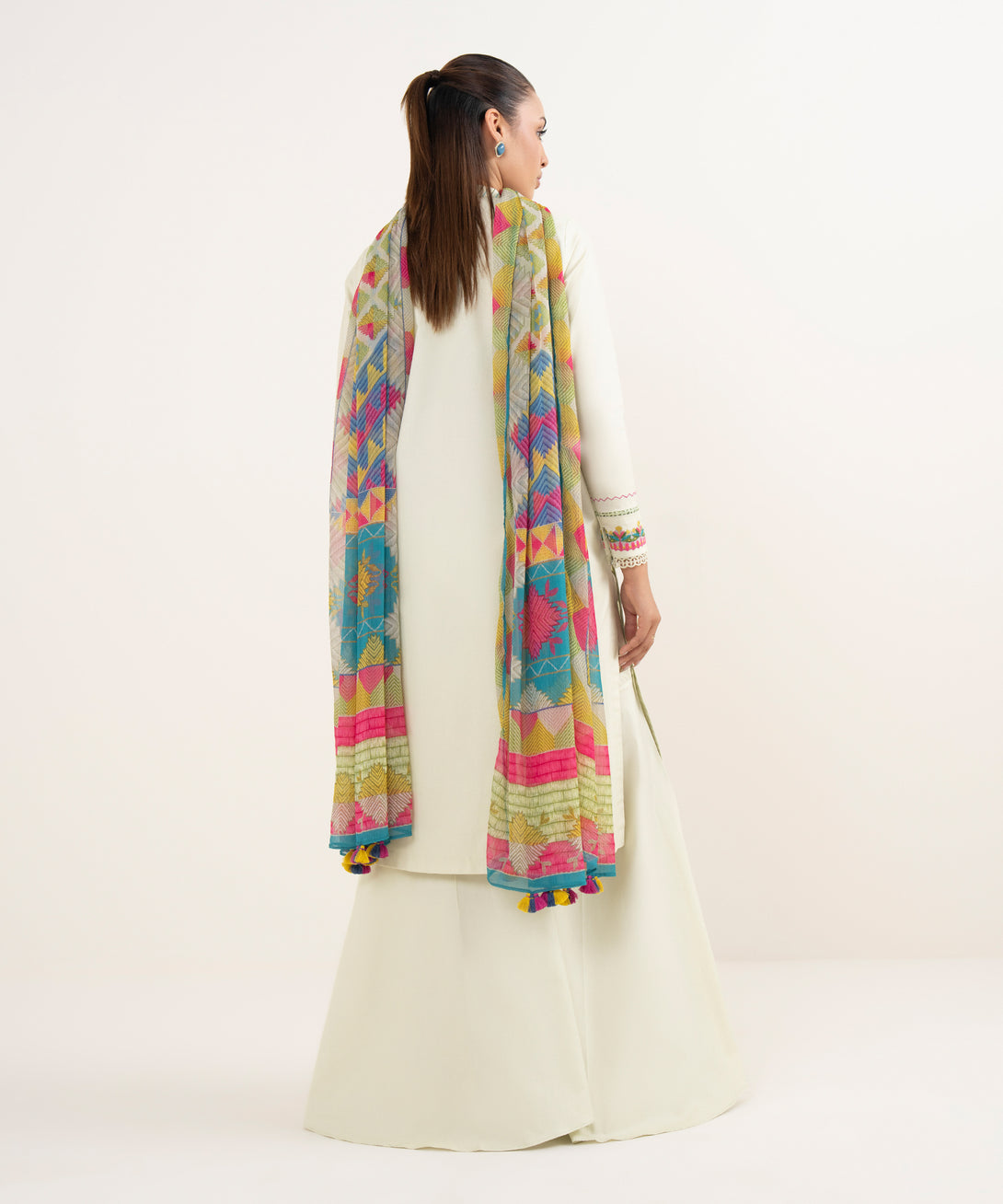 Women's Unstitched Cotton Embroidered Off White Two Piece Suit