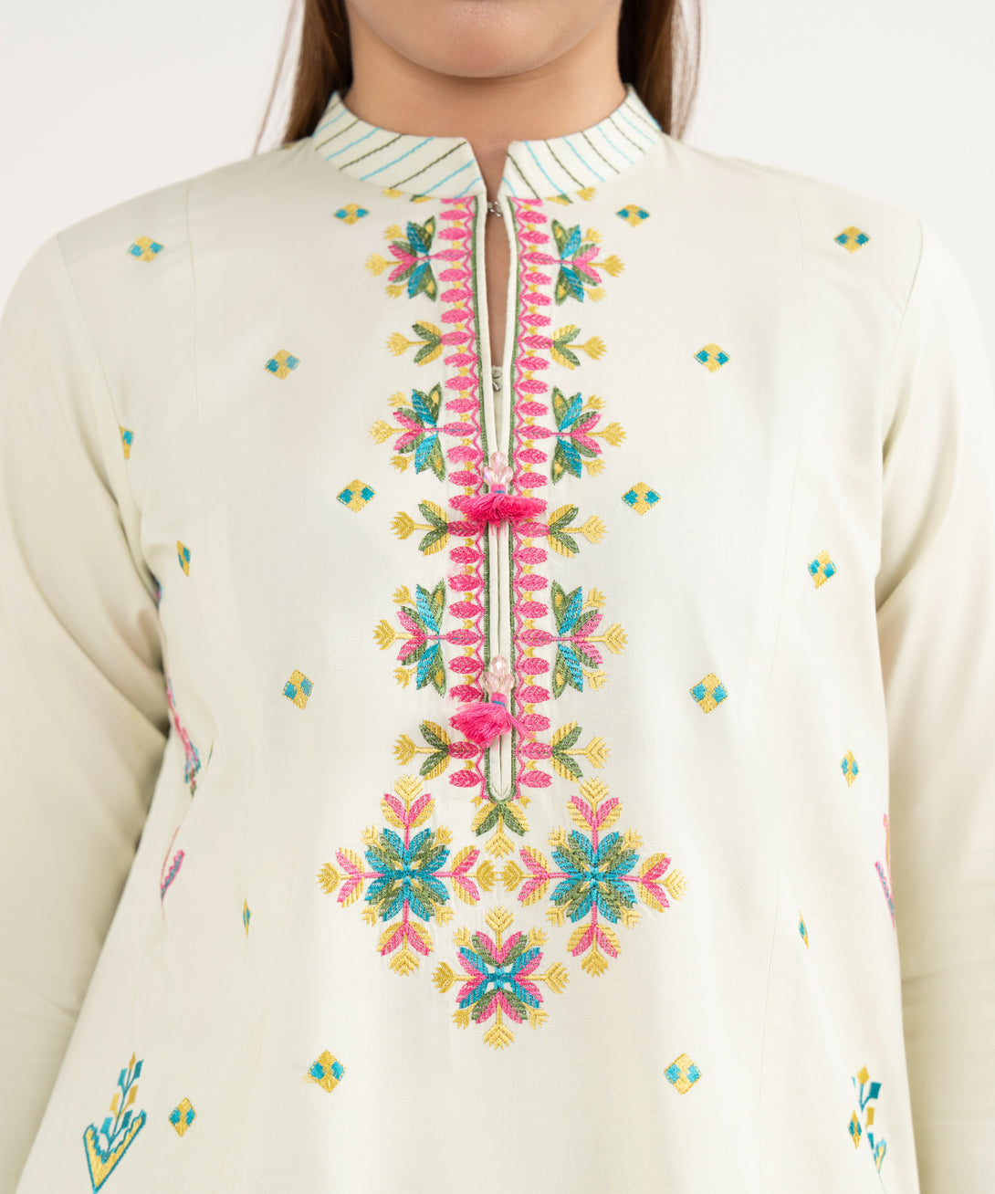 Women's Unstitched Cotton Embroidered Off White Two Piece Suit