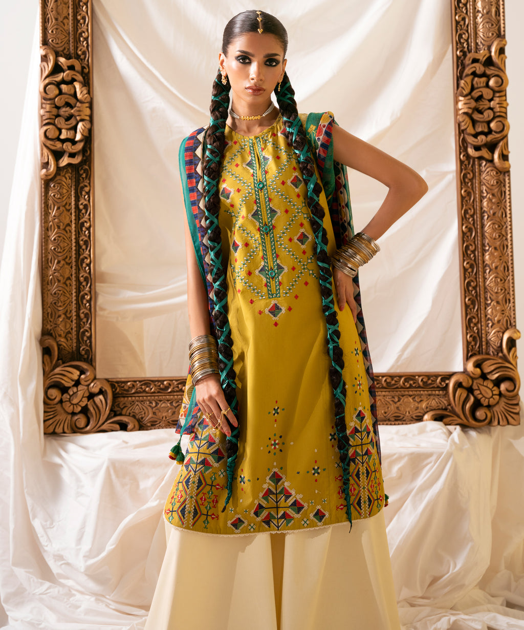 Women's Unstitched Cotton Embroidered Mustard Two Piece Suit