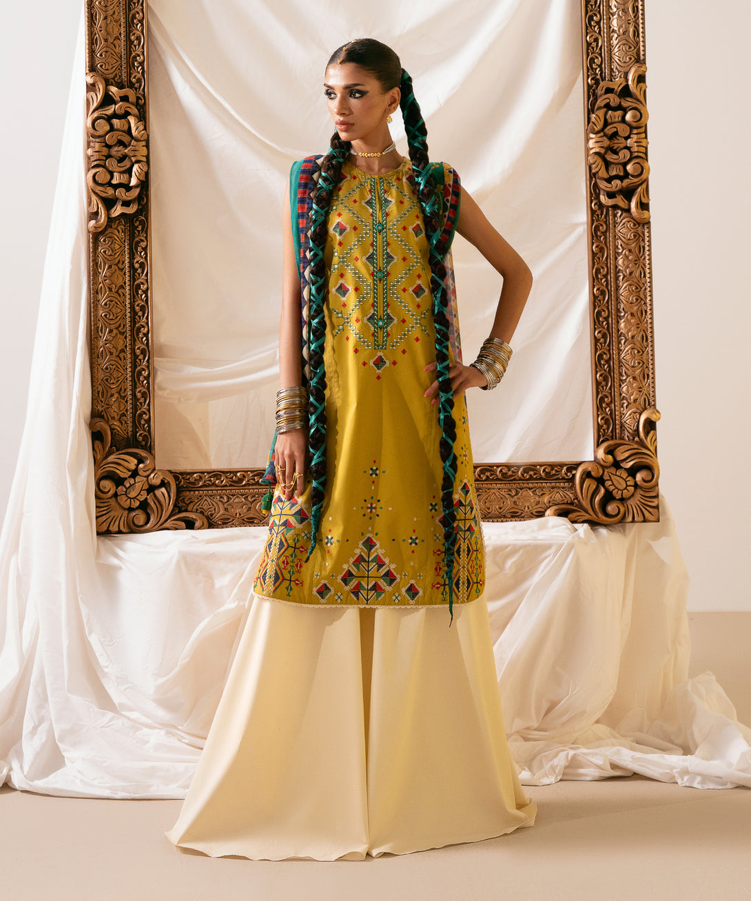 Women's Unstitched Cotton Embroidered Mustard Two Piece Suit