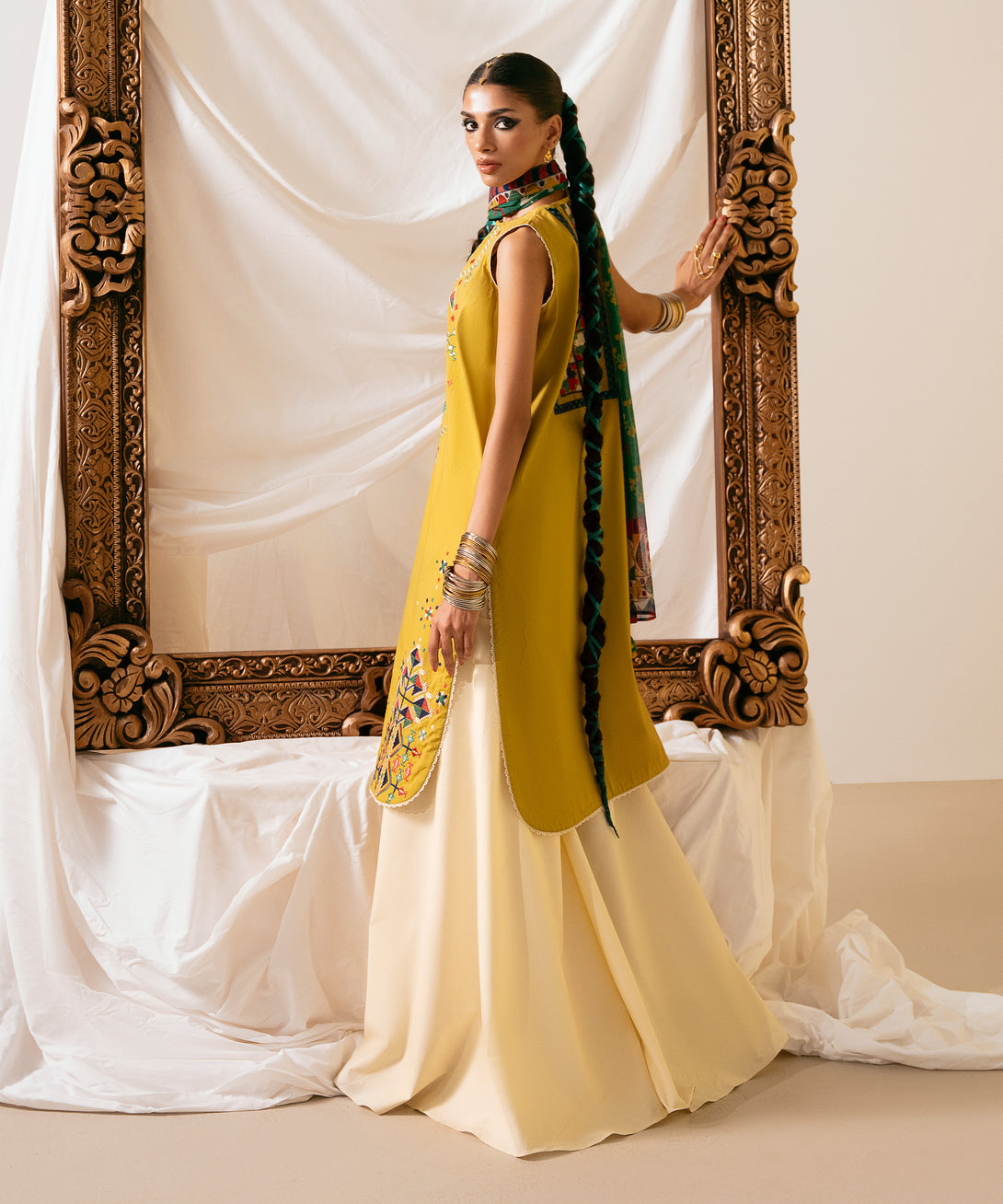Women's Unstitched Cotton Embroidered Mustard Two Piece Suit