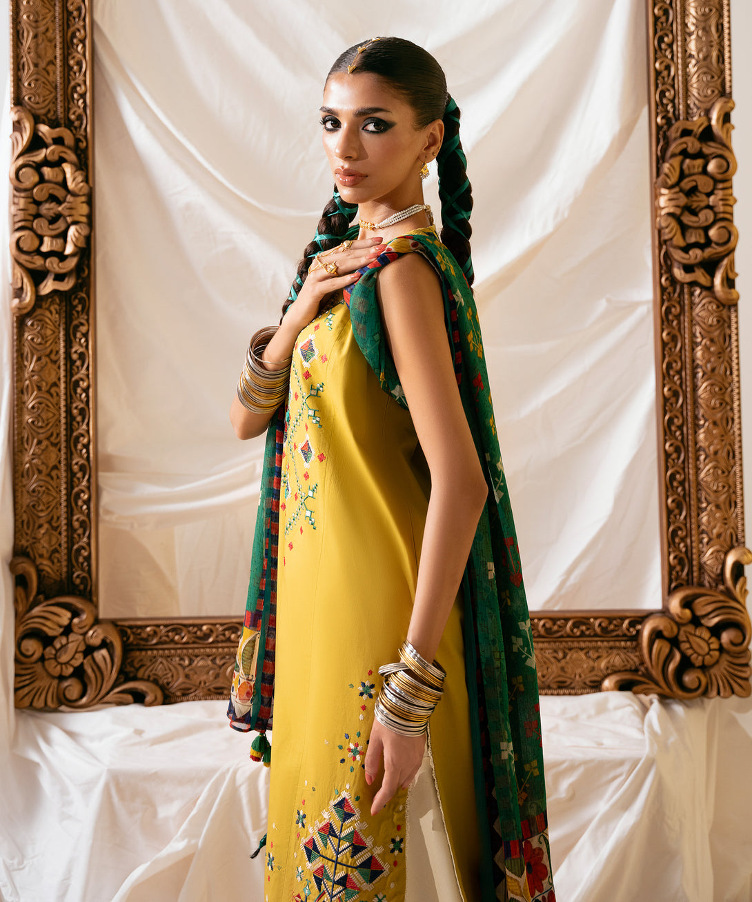 Women's Unstitched Cotton Embroidered Mustard Two Piece Suit