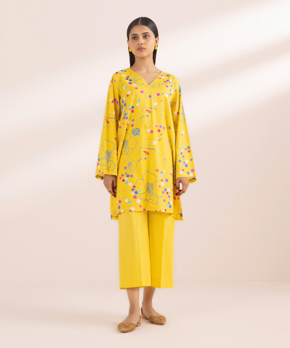 Women's Pret Cotton Yellow Printed Straight Shirt