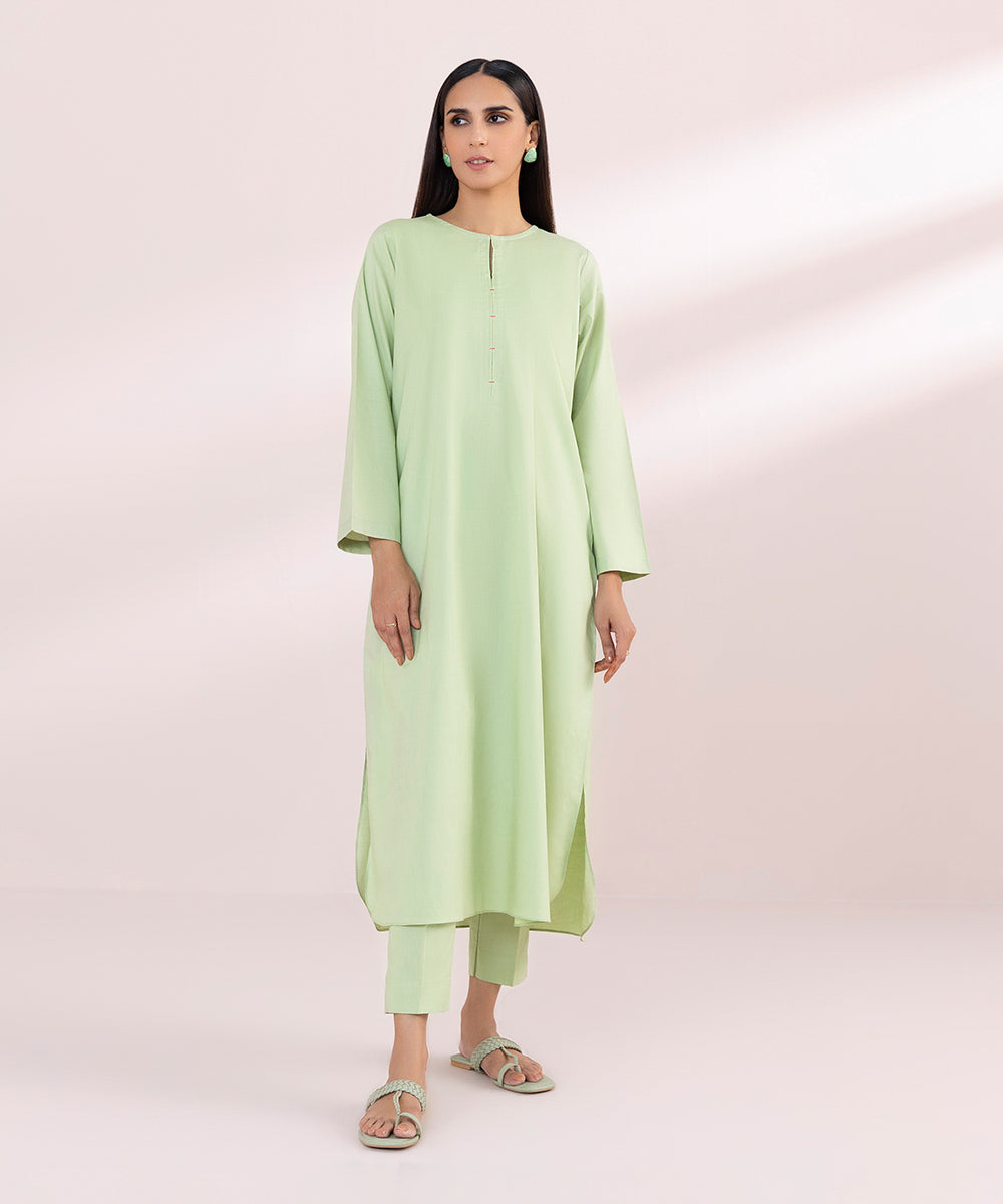 Women's Pret Cotton Green Solid Straight Shirt