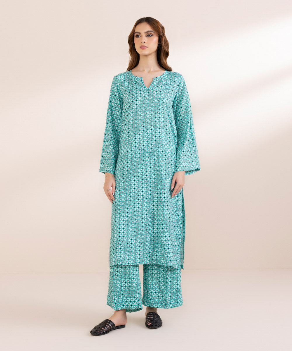 Women's Pret Linen Blue Printed A-Line Shirt