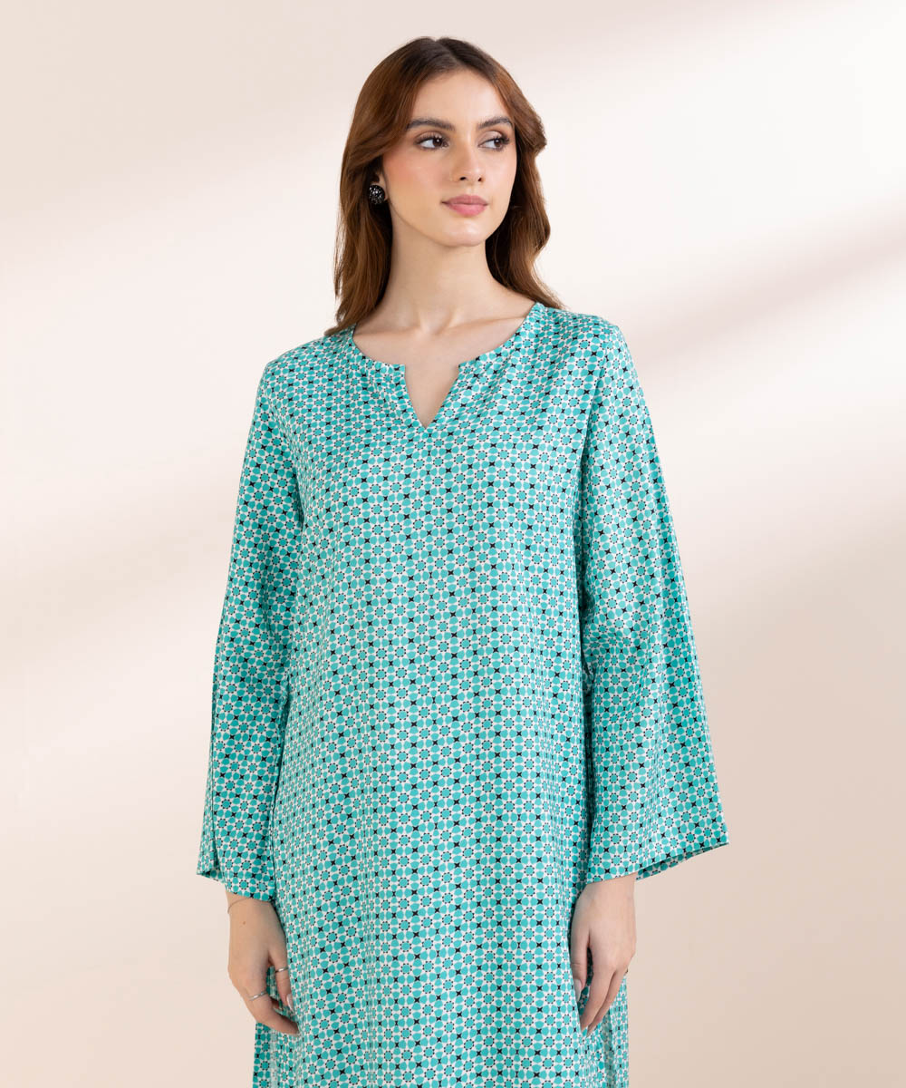 Women's Pret Linen Blue Printed A-Line Shirt