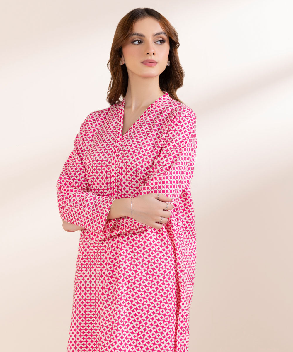 Women's Pret Linen Pink Printed A-Line Shirt