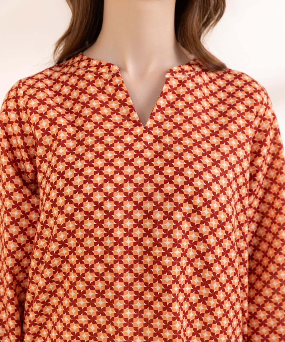 Women's Pret Khaddar Orange Printed Straight Shirt