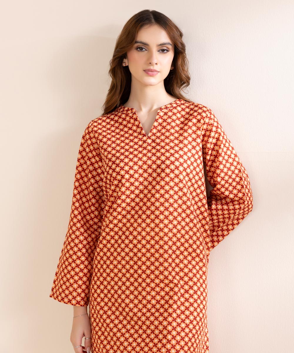 Women's Pret Khaddar Orange Printed Straight Shirt