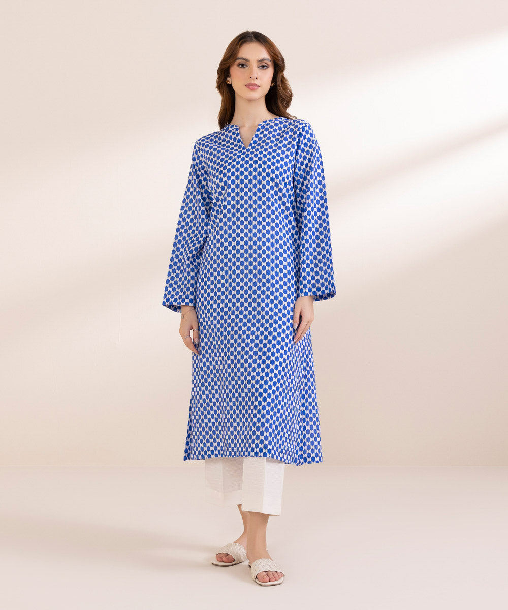 Women's Pret Khaddar Blue Printed A-Line Shirt