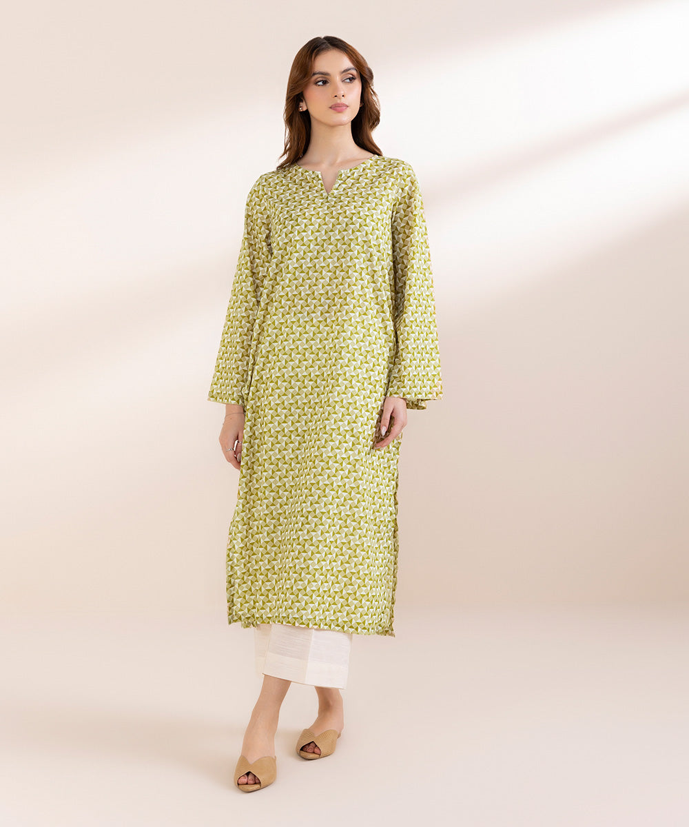 Women's Pret Khaddar Green Printed Straight Shirt