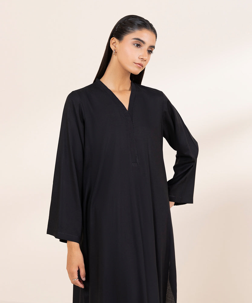 Women's Pret Black Solid Linen Shirt