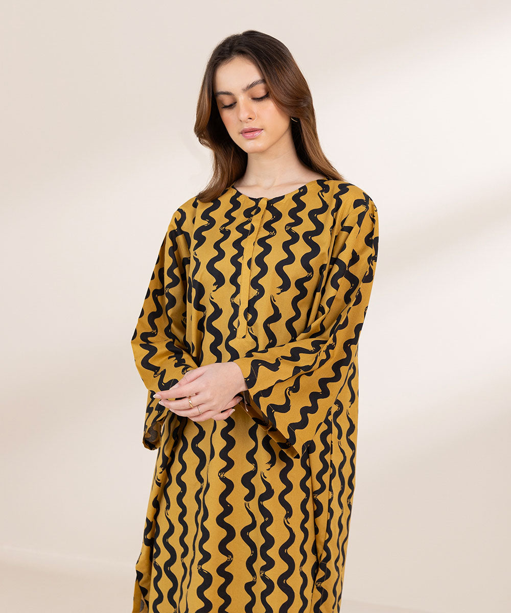 Women's Pret Cambric Mustard Printed A-Line Shirt