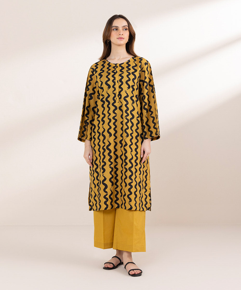 Women's Pret Cambric Mustard Printed A-Line Shirt