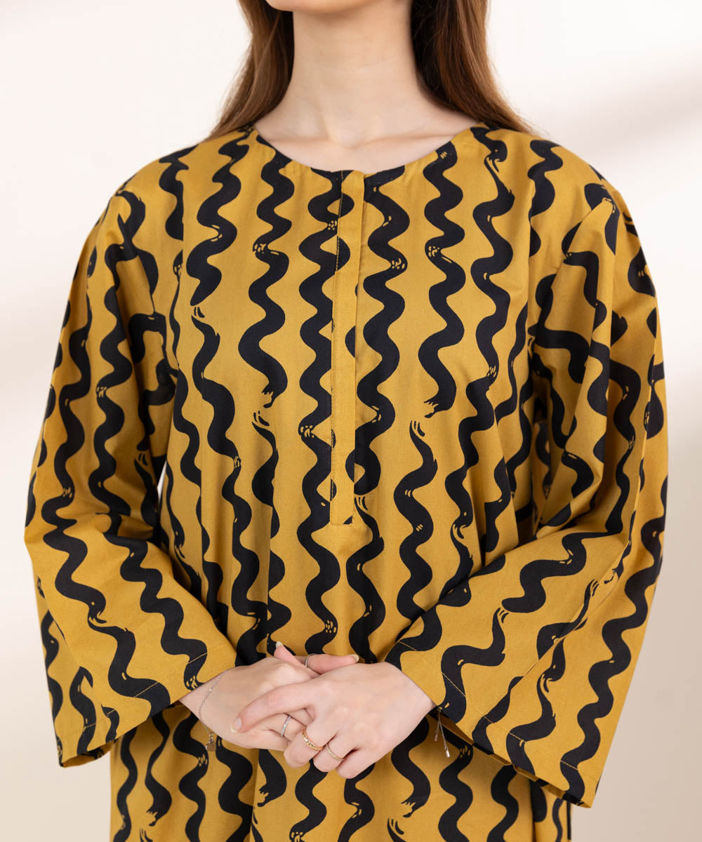 Women's Pret Cambric Mustard Printed A-Line Shirt