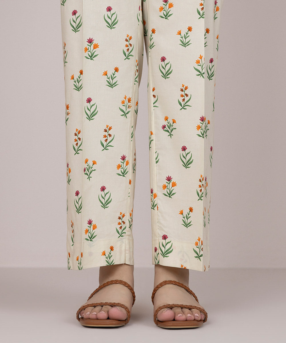 Women's Pret Cotton Off White Printed Straight Pants