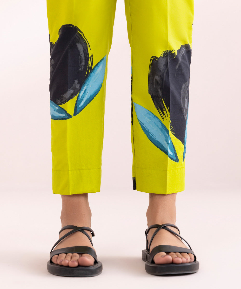 Women's Pret Cambric Yellow Printed Straight Pants