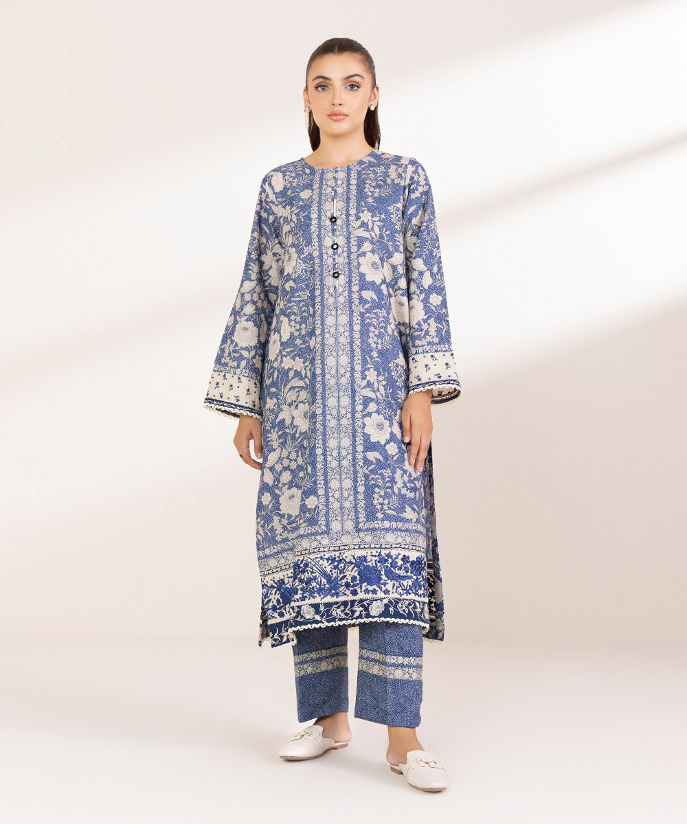 Women's Pret Karandi Embroidered Blue A-Line Shirt