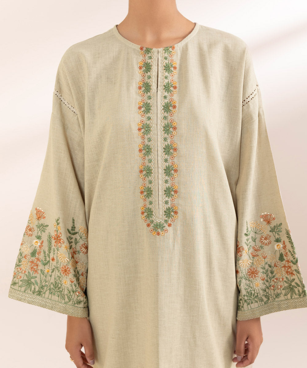 Women's Pret Cotton Linen Beige Embroidered A-Line Shirt