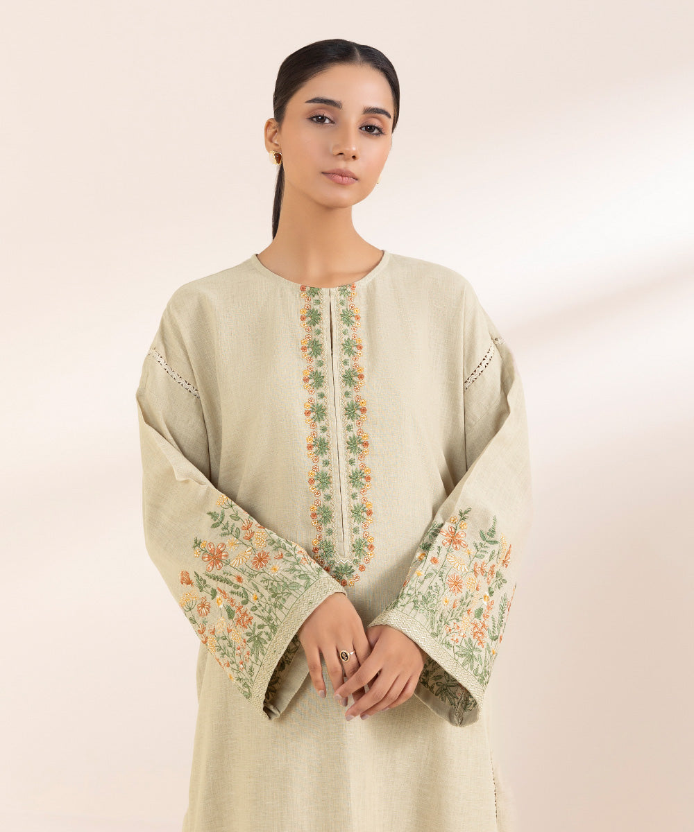 Women's Pret Cotton Linen Beige Embroidered A-Line Shirt