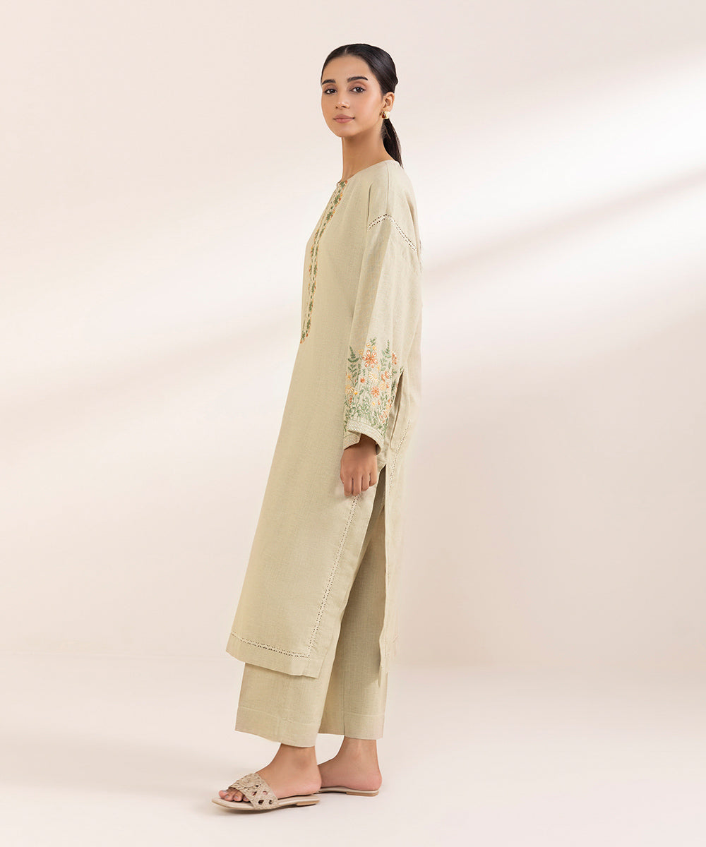 Women's Pret Cotton Linen Beige Embroidered A-Line Shirt