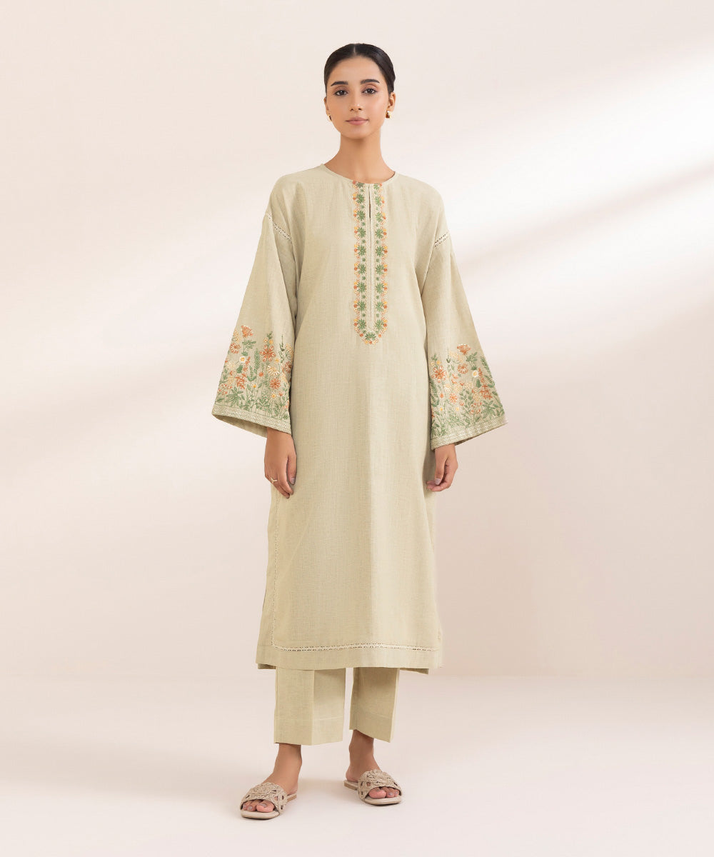 Women's Pret Cotton Linen Beige Embroidered A-Line Shirt