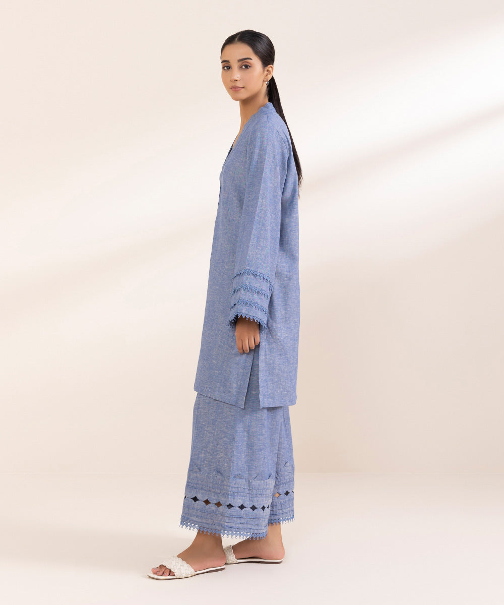 Women's Pret Cotton Linen Blue Solid A-Line Shirt