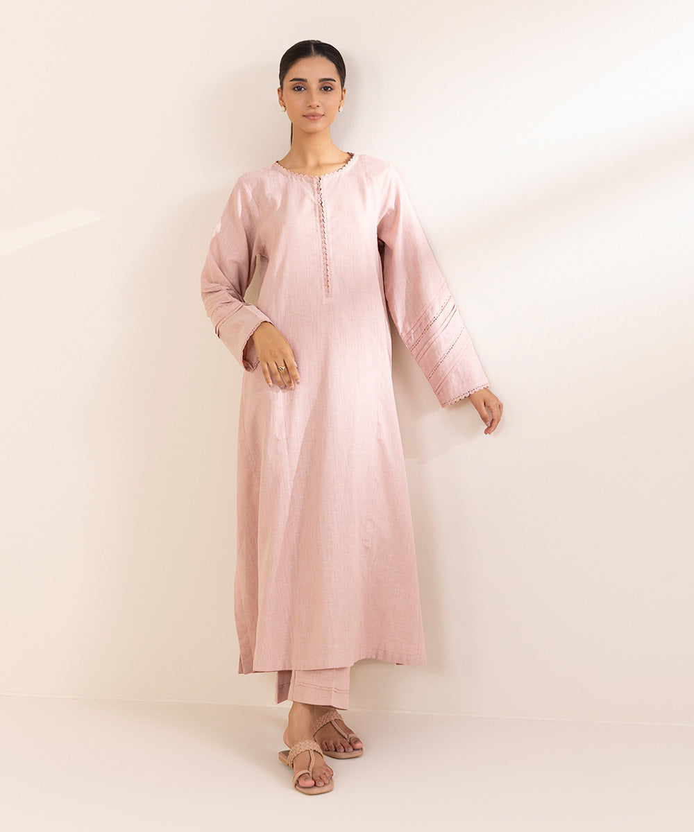 Women's Pret Cotton Linen Pink Solid A-Line Shirt