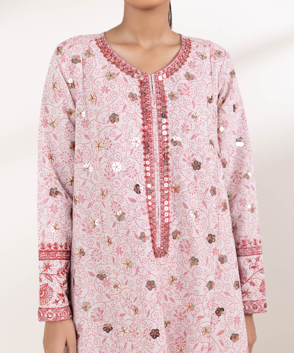 Women's Pret Extra Weft Jacquard Embroidered Pink A-Line Shirt