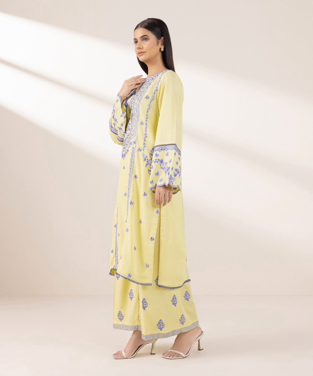 Women's Pret Dull Raw Silk Embroidered Yellow A-Line Shirt