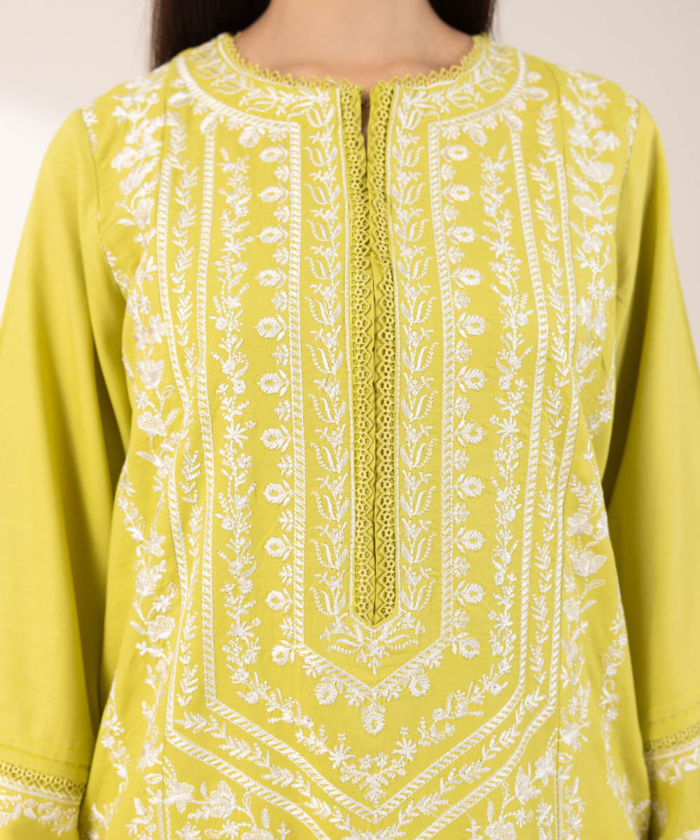 Women's Pret Dull Raw Silk Embroidered Yellow A-Line Shirt