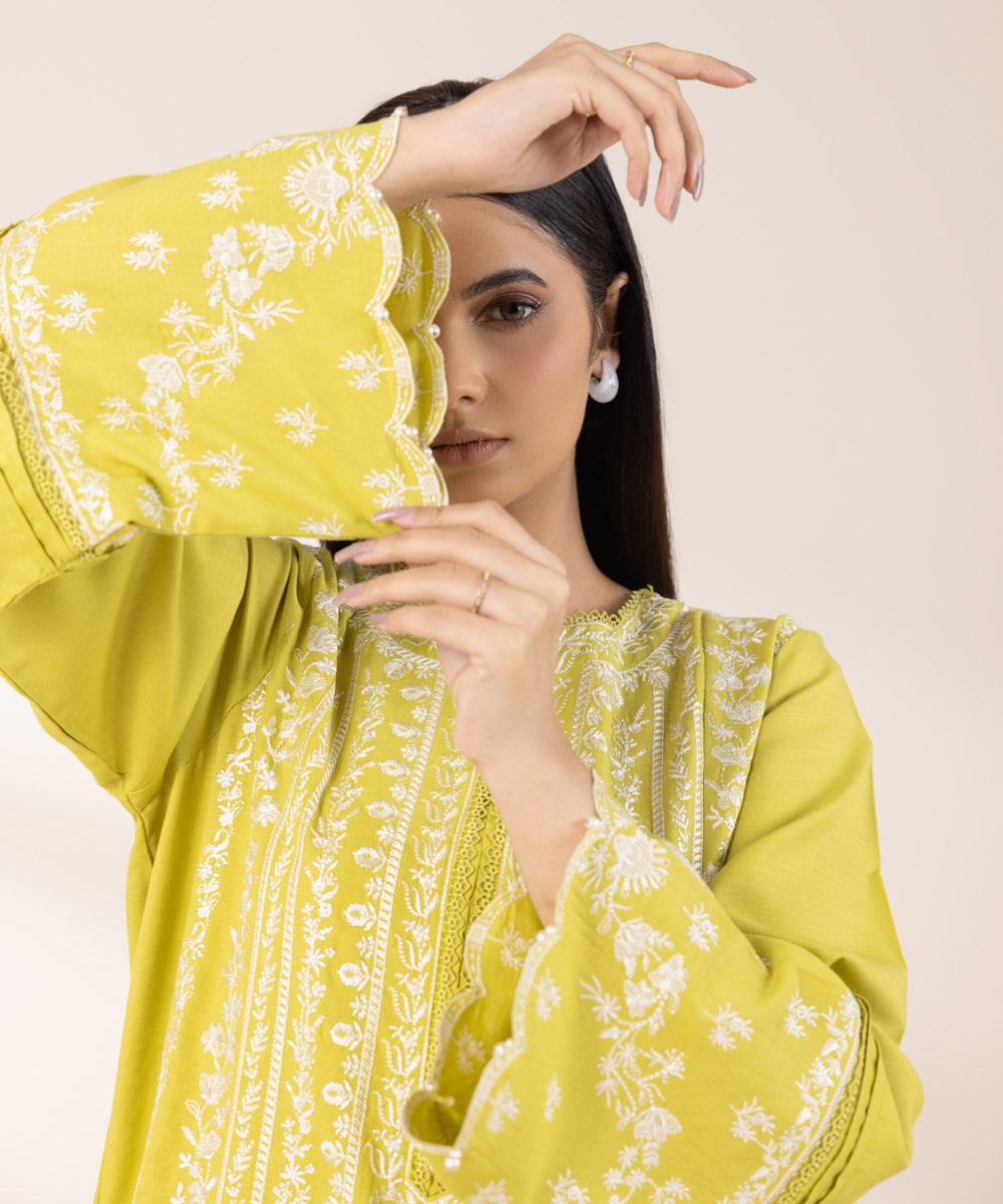 Women's Pret Dull Raw Silk Embroidered Yellow A-Line Shirt