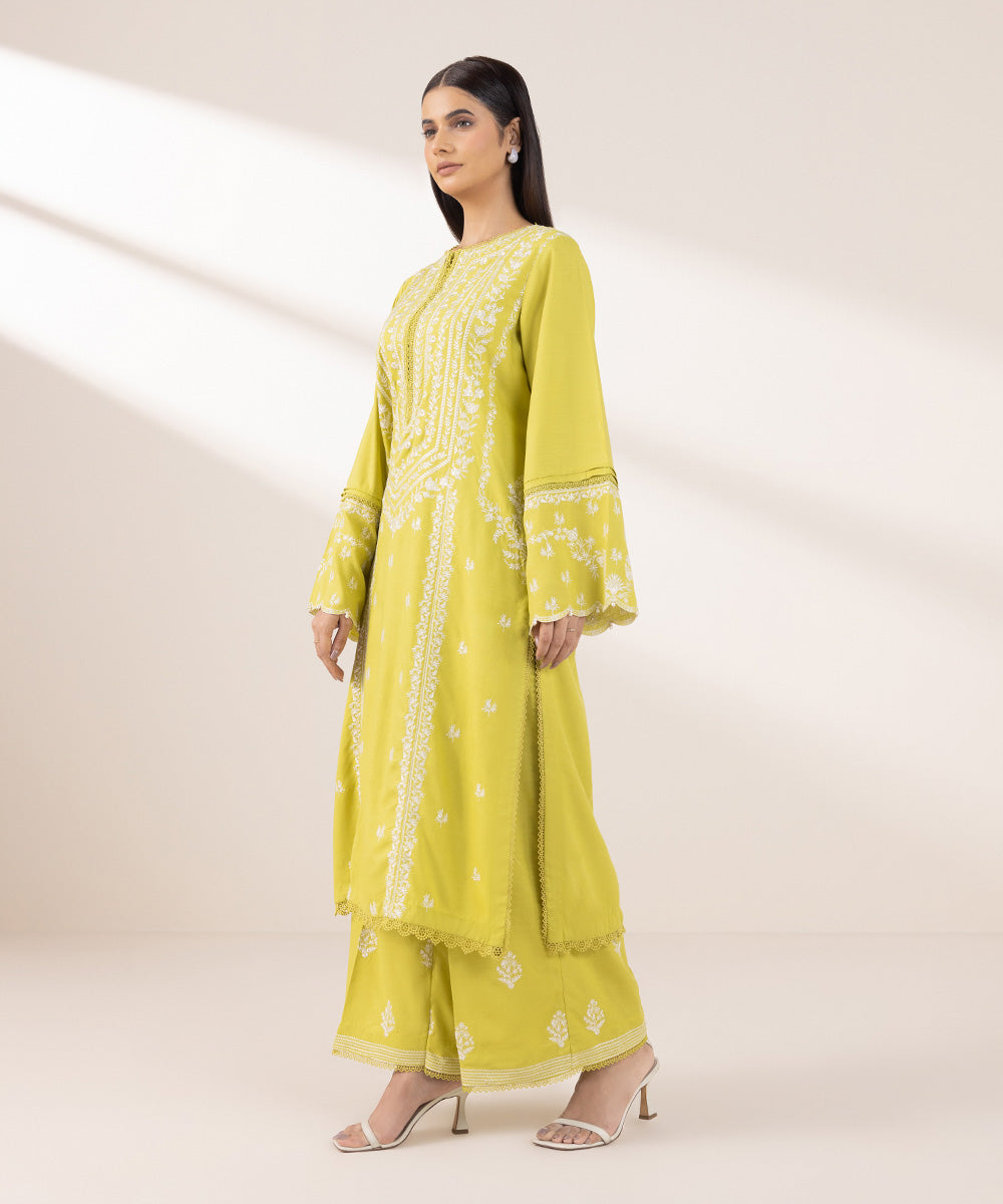 Women's Pret Dull Raw Silk Embroidered Yellow A-Line Shirt