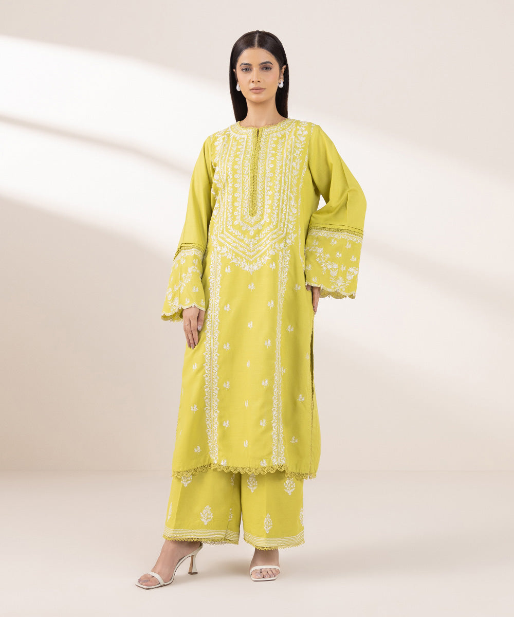 Women's Pret Dull Raw Silk Embroidered Yellow A-Line Shirt