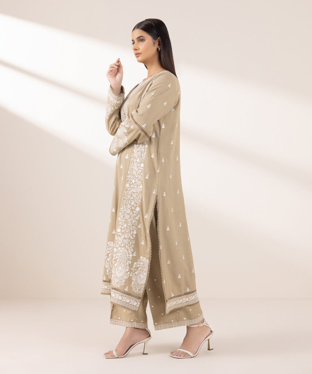 Women's Pret Dull Raw Silk Embroidered Beige A-Line Shirt