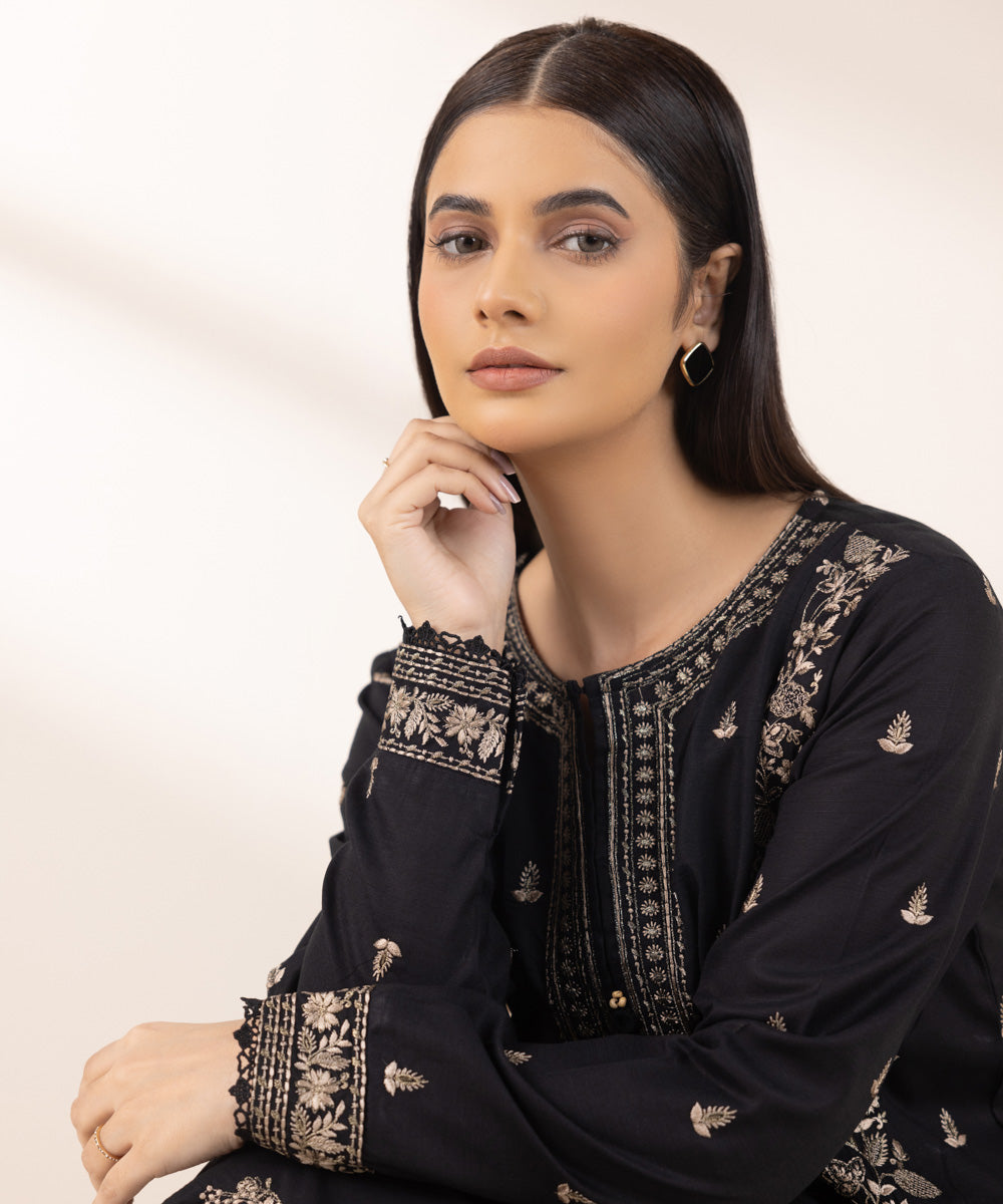 Women's Pret Dull Raw Silk Embroidered Black A-Line Shirt