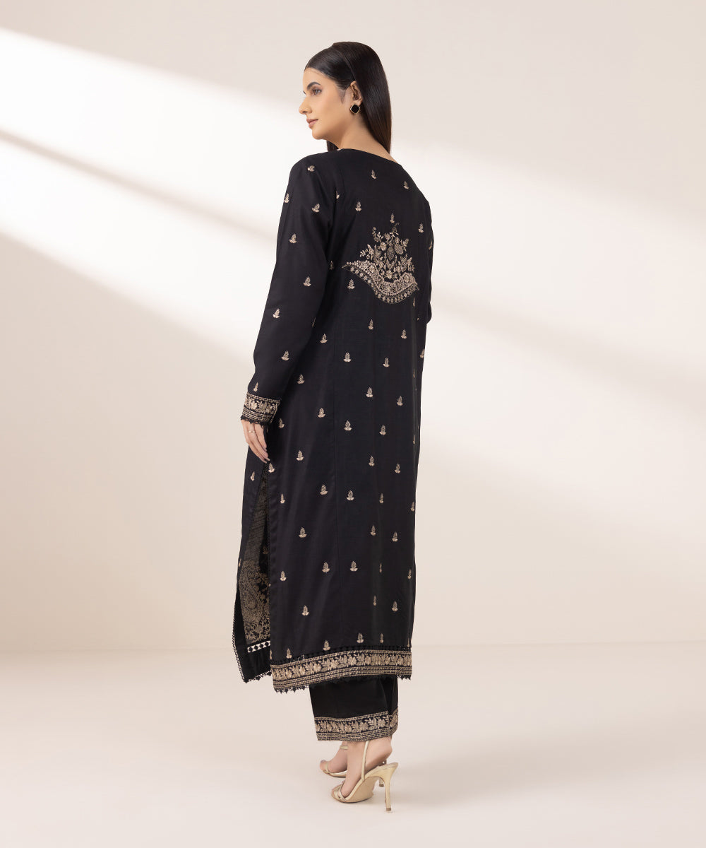 Women's Pret Dull Raw Silk Embroidered Black A-Line Shirt