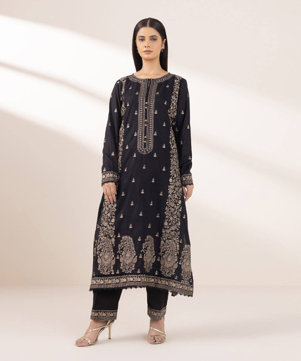 Women's Pret Dull Raw Silk Embroidered Black A-Line Shirt