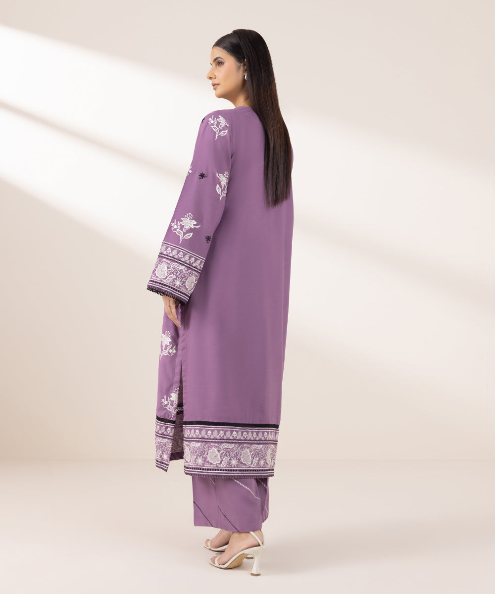 Women's Pret Dull Raw Silk Embroidered Purple A-Line Shirt